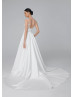 V Neck Ivory Lace Satin Empire Waist Wedding Dress